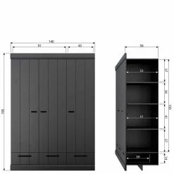 140x195x53 Kleiderschrank 3-türig & 3 Schubladen - Vindrus -Wohnen Shop 140x195x53 kleiderschrank 3 tuerig 3 schubladen in schwarz aus kiefer vindrus 04