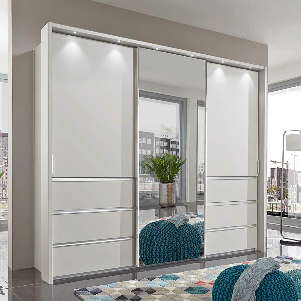 250cm Kleiderschrank In Weiß Glas & Spiegel - Kitts 3 250cm Kleiderschrank In Weiß Glas & Spiegel - Kitts