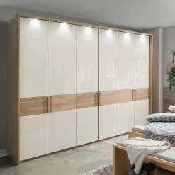 6-türiger Schlafraum Kleiderschrank In Glas Beige - Emdsiva I -Wohnen Shop 6 tueriger schlafraum kleiderschrank in glas beige und eichefarben emdsiva i 02
