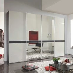 Design Schrank Mit Spiegel & Glas Front Hellgrau - Capolyna -Wohnen Shop design schrank mit spiegel glas front hellgrau vier schwebetueren capolyna 02