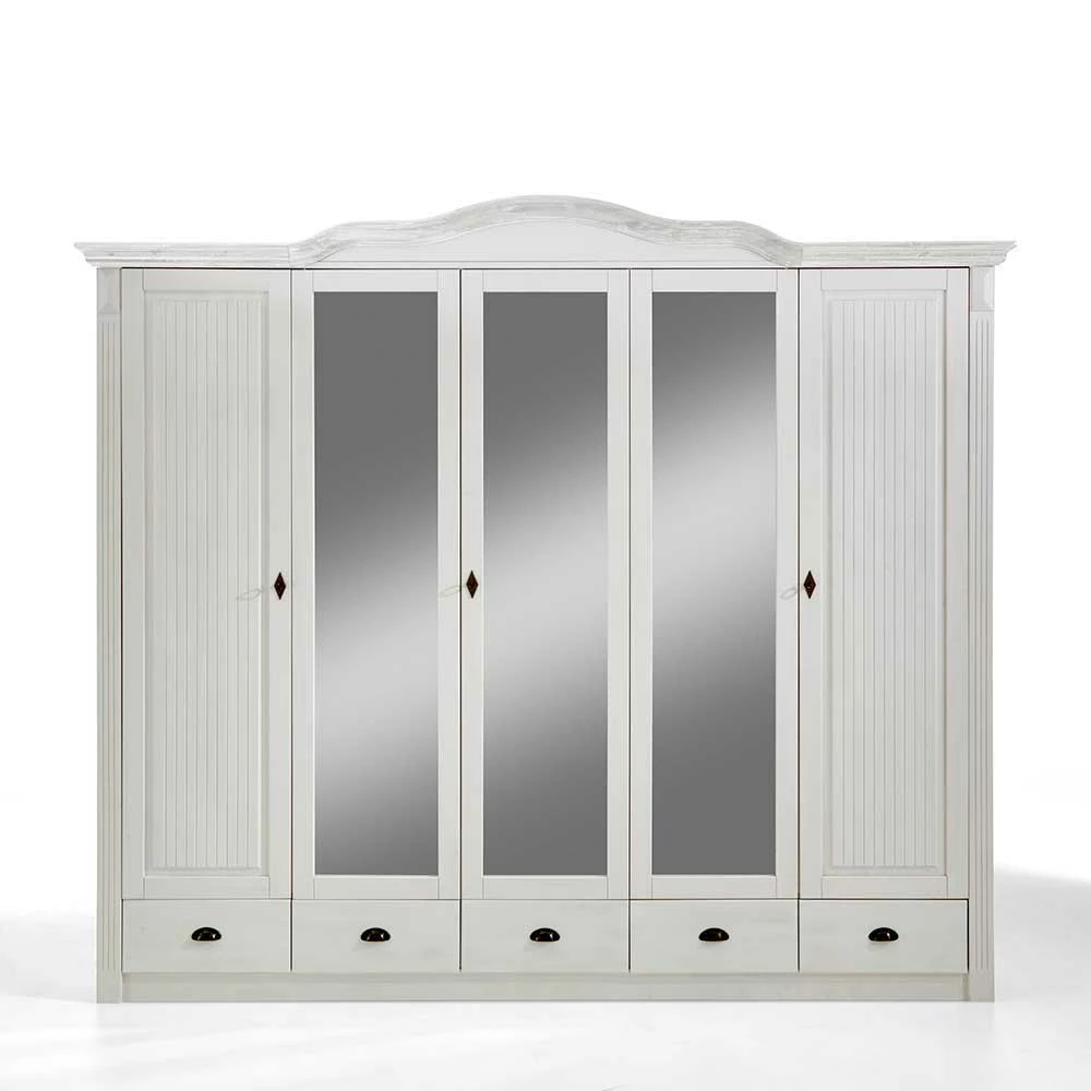 Landhaus Kleiderschrank In Weiß Kiefer Laburita 5-türig Mit Spiegeln 3 Landhaus Kleiderschrank In Weiß Kiefer Laburita 5-türig Mit Spiegeln