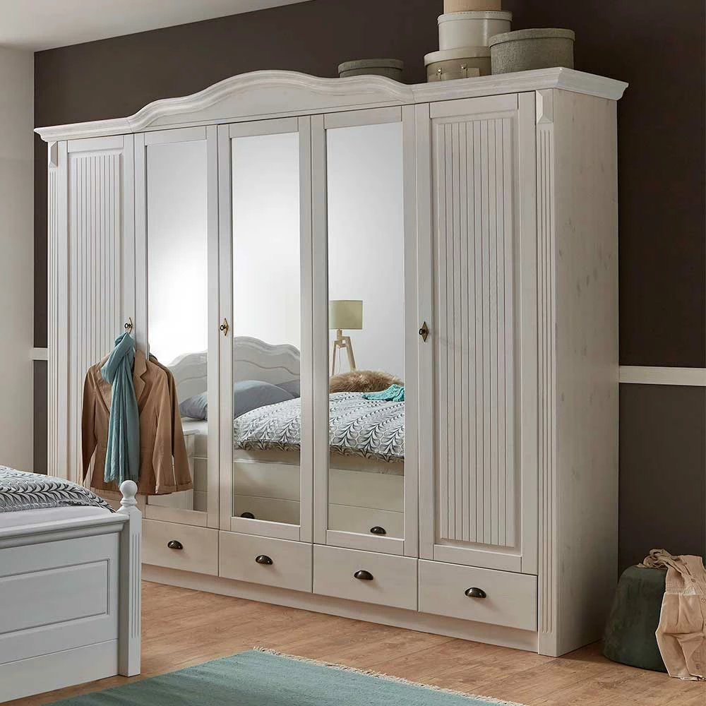 Landhaus Kleiderschrank In Weiß Kiefer Laburita 5-türig Mit Spiegeln 8 Landhaus Kleiderschrank In Weiß Kiefer Laburita 5-türig Mit Spiegeln – Bild 6