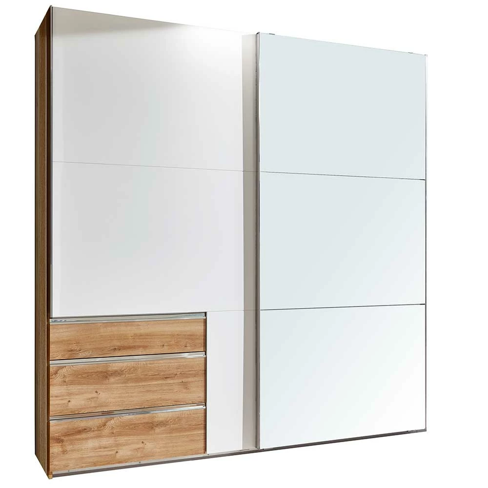 Schiebetürschrank In Weiß & Eiche Mit Spiegel - Doraz 3 Schiebetürschrank In Weiß & Eiche Mit Spiegel - Doraz