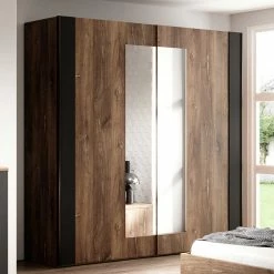 Schwebetürenschrank In Eiche Dunkel & Schwarz - Prabhaa -Wohnen Shop schwebetuerenschrank in eiche dunkel schwarz mit spiegel prabhaa 02